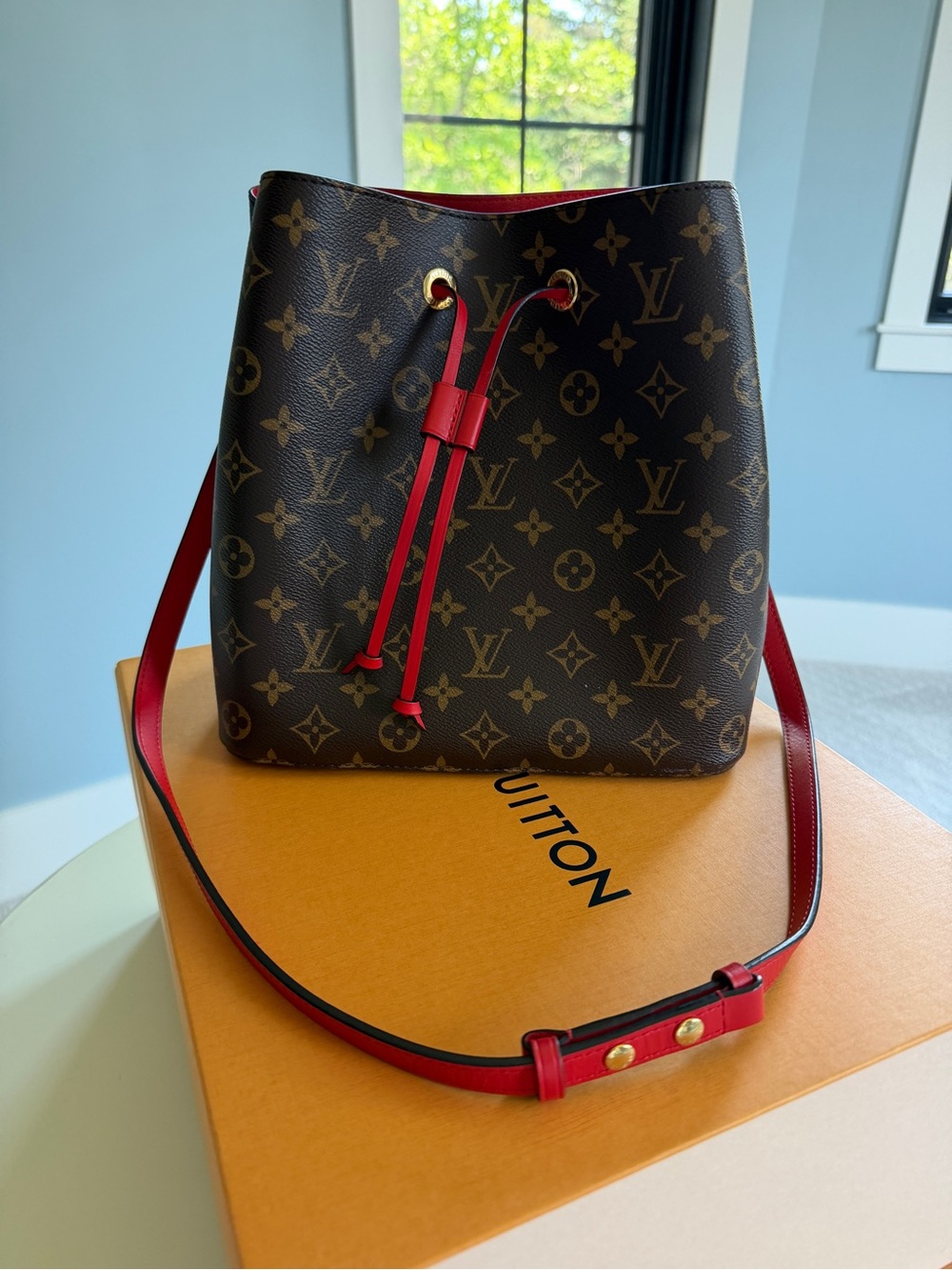 Louis Vuitton Monogram Bucket Bag with Red Trim and Strap